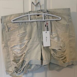 KanCan Light Cream Distressed Denim Shorts